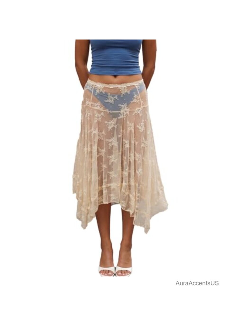 Y2K Lace Sheer Mesh Wrap Skirt, Asymmetrical Hem, Elastic Waist, Midi Length,